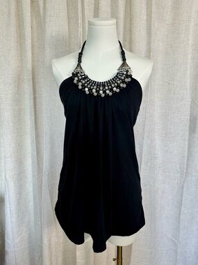 Y2K Black Beaded Halter Neck Tank Top